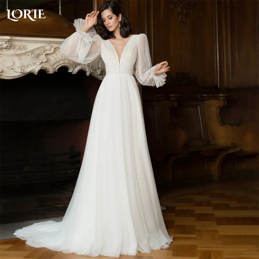 

LORIE Elegant Glitter Wedding Dresses V-Neck A-Line Shiny Lantern Sleeves Pleated Bridal Gowns Backless Princess Bride Dress