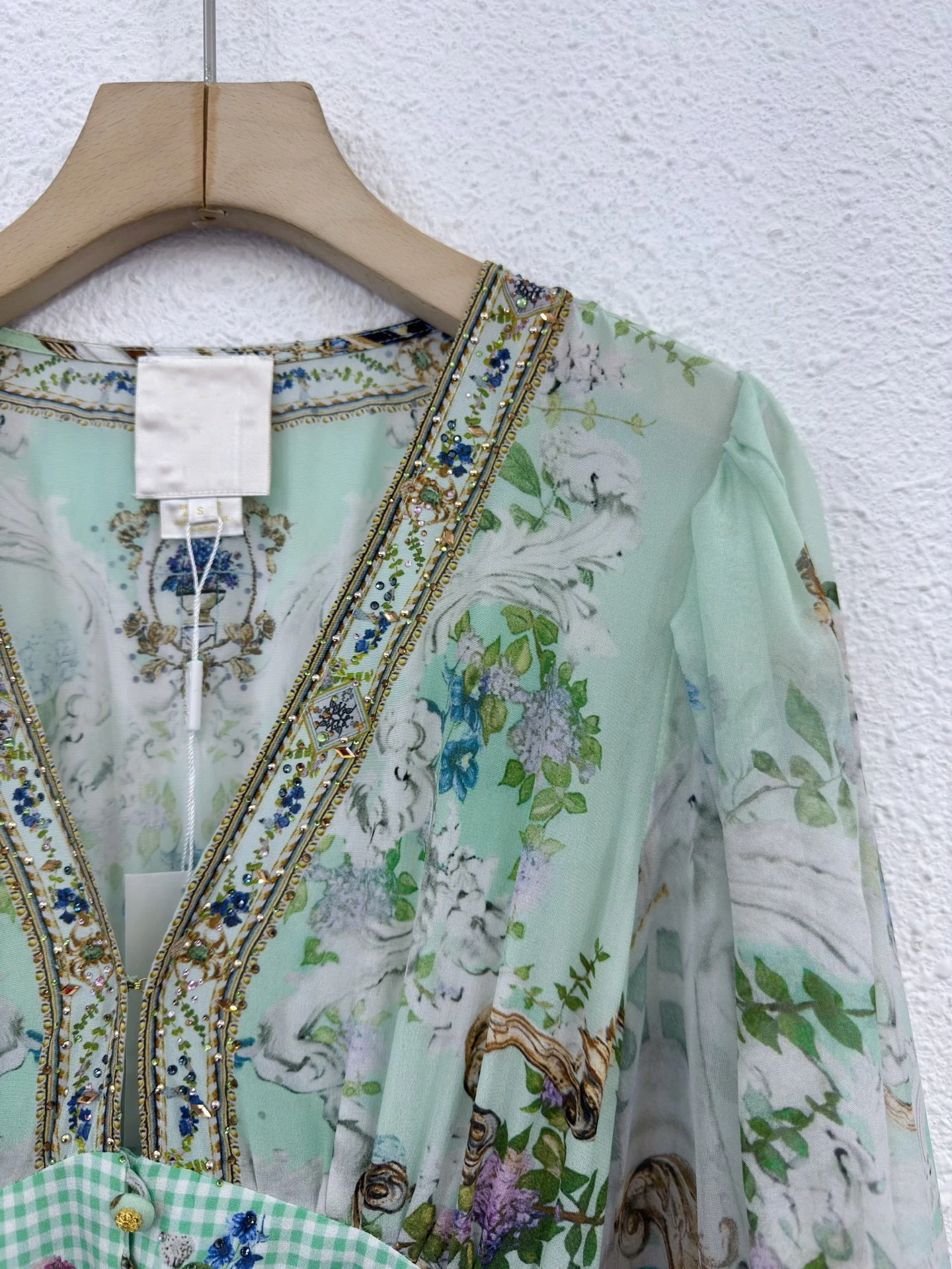 Abito lungo a maniche lunghe Boho in vera seta al 100% per donna Abito fluido con vita a quadretti con stampa barocca verde menta