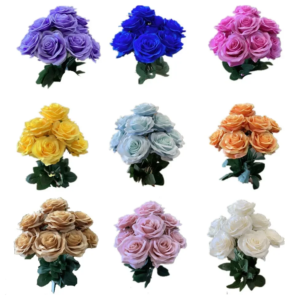 Bouquet de roses artificielles à 9 têtes, décor de roses de mariage, affichage de scène, cadeau Floral, camélia rose et blanc, livraison directe