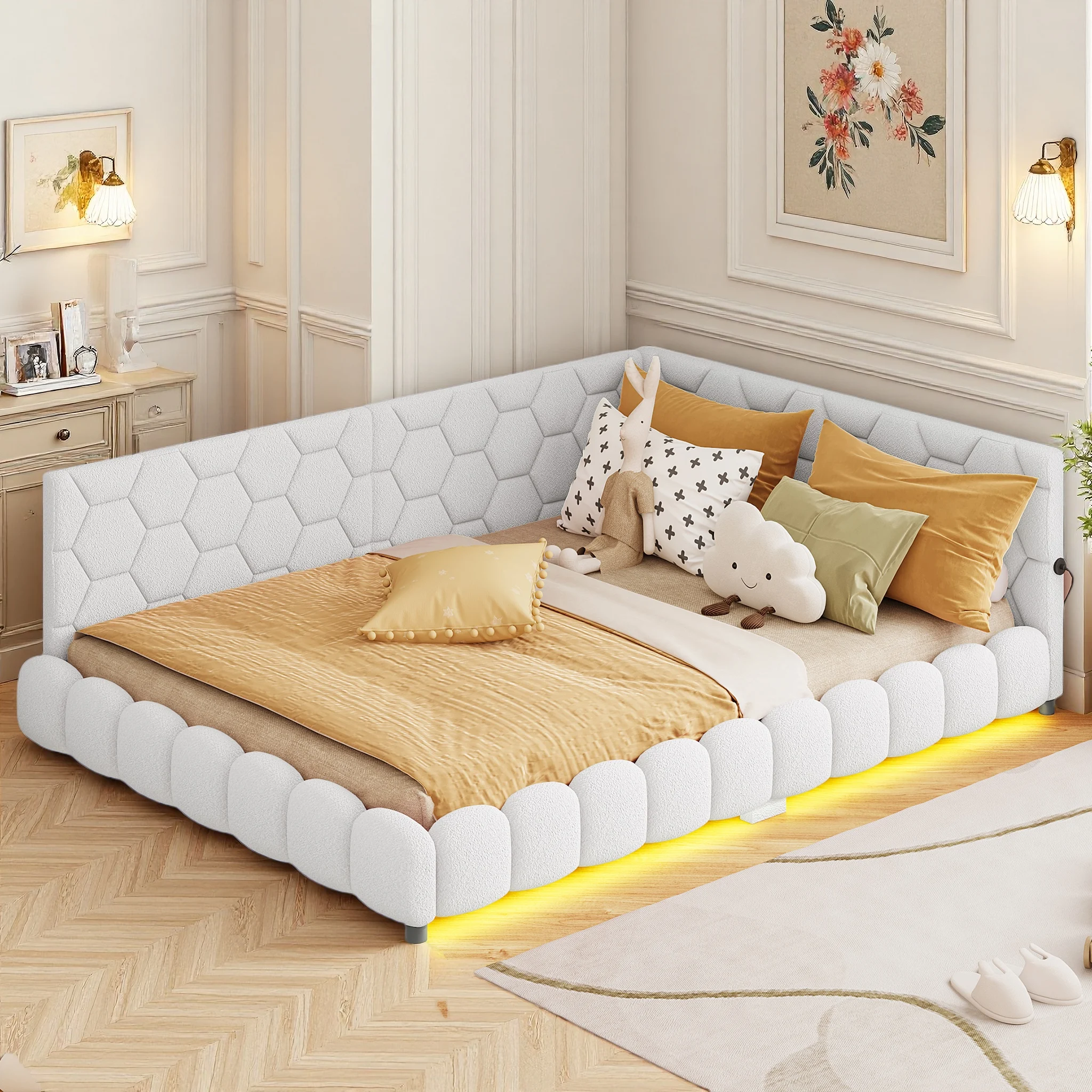 Creahappy, divano letto 140 × 200 cm, letto imbottito, letto sicuro per bambini, letto matrimoniale con sponde di sicurezza, letto per adolescenti, letto per genitori e figli, letto da terra, letto