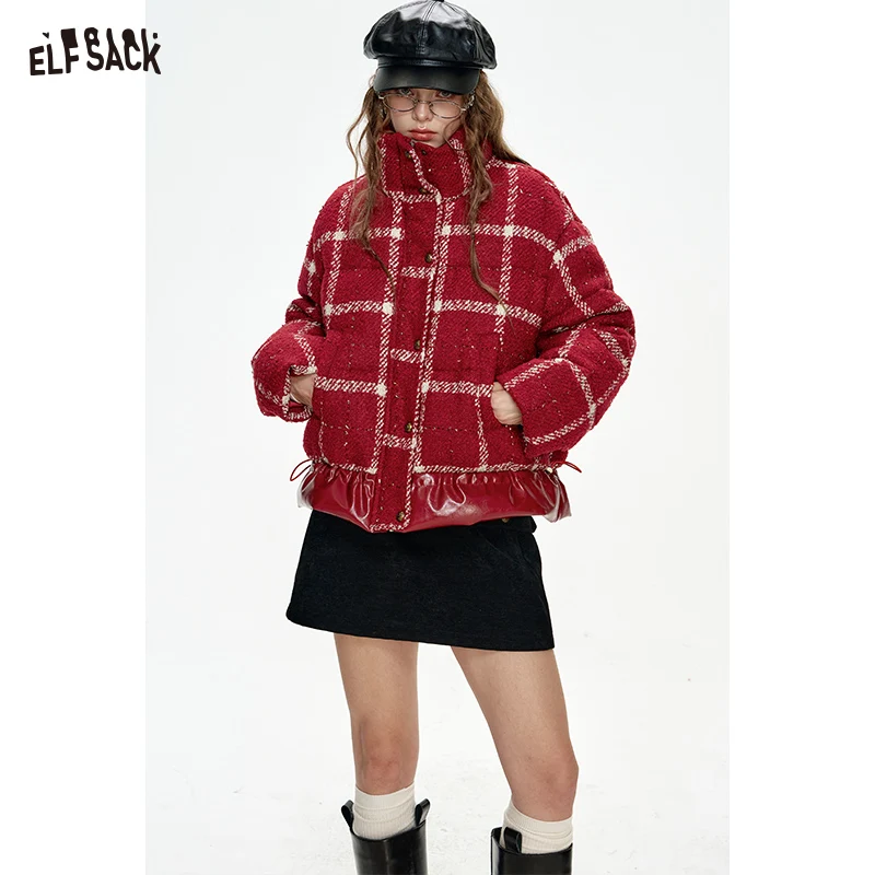 

ELFSACK 2024 Winter New Arrivals New Year's Red Plaid PU Splicing Zipper Drawstring Short Down Jacket Women