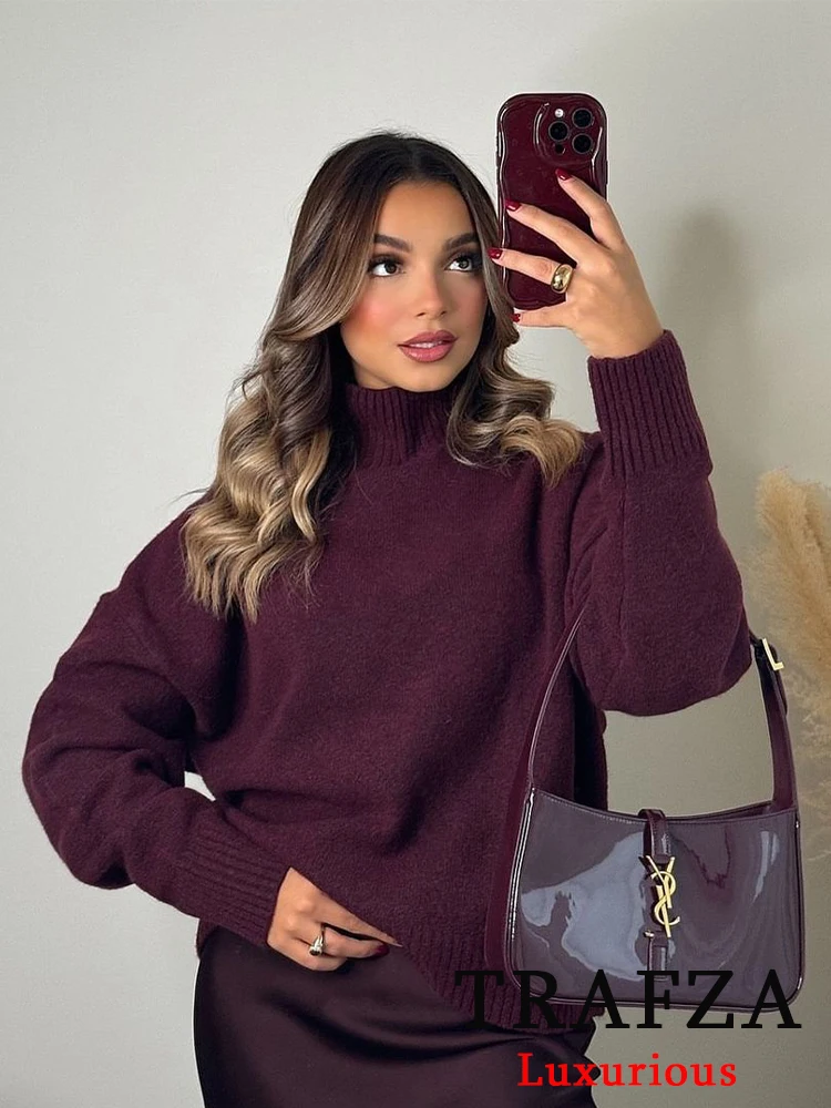 TRAFZA Vintage Chic Women Sweater Solid O-Neck Long Sleeve Knitted Loose Sweater New Fashion 2024 Autumn Winter Holiday Sweater