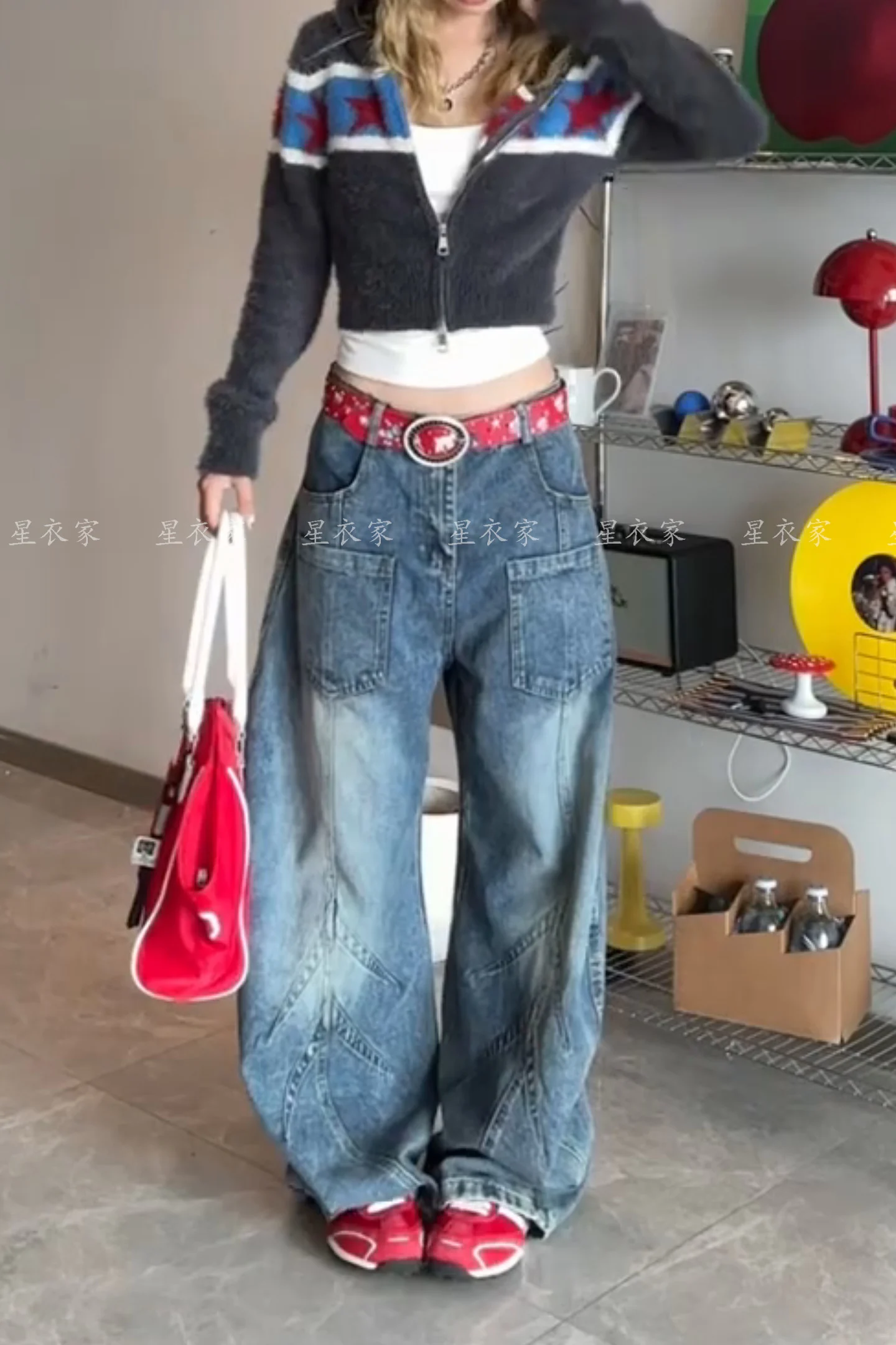 

Женские синие джинсы с открытой линией и карманами в стиле пэчворк на осень и зиму Y2k, свободные повседневные брюки в американском стиле ретро с манжетами длиной до пола