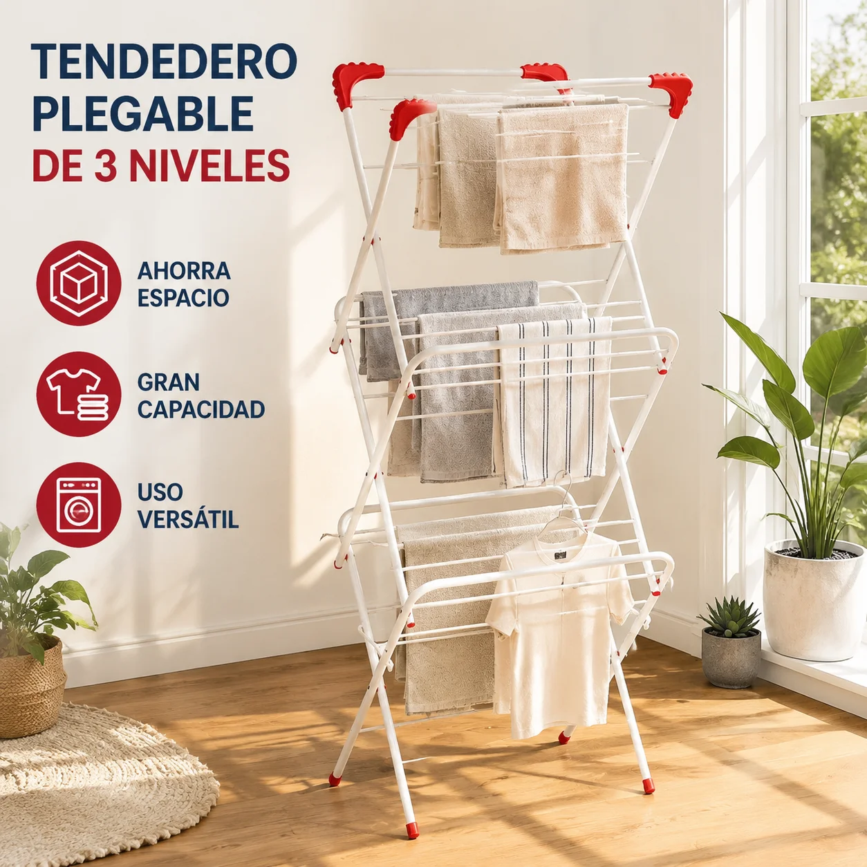 Séchoir à linge pliable à 3 niveaux 138X48X40Cm, structure métallique résistante, antidérapant, grande capacité de séchage, design peu encombrant, idéal pour suspendre les vêtements, les serviettes et les vêtements de bébé à la maison, sur le balcon ou la terrasse