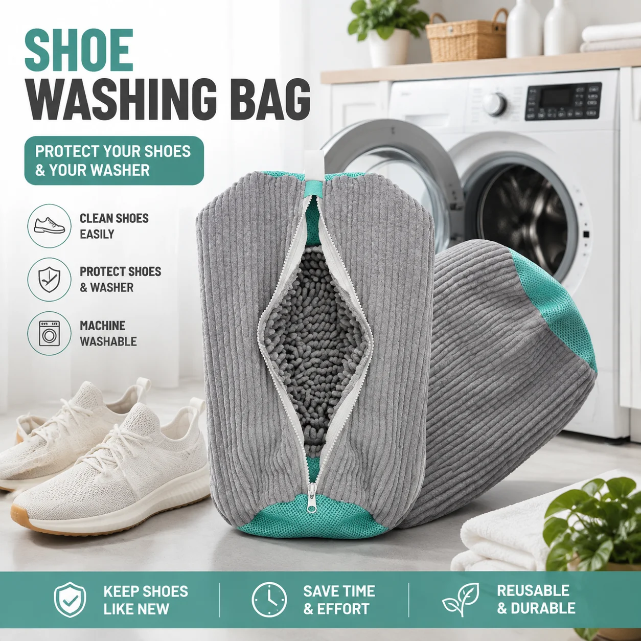 Washing Machine Shoe Washing Bag, Microfiber Scrub Liner Shoe Cleaner Bag, Reusable Sneaker Laundry Bag, Shoe Wash Protector for Sneakers, Tennis Shoes, Canvas Shoes, Protects Shoes and Washing Machine, Home Laundry Cleaning Tool