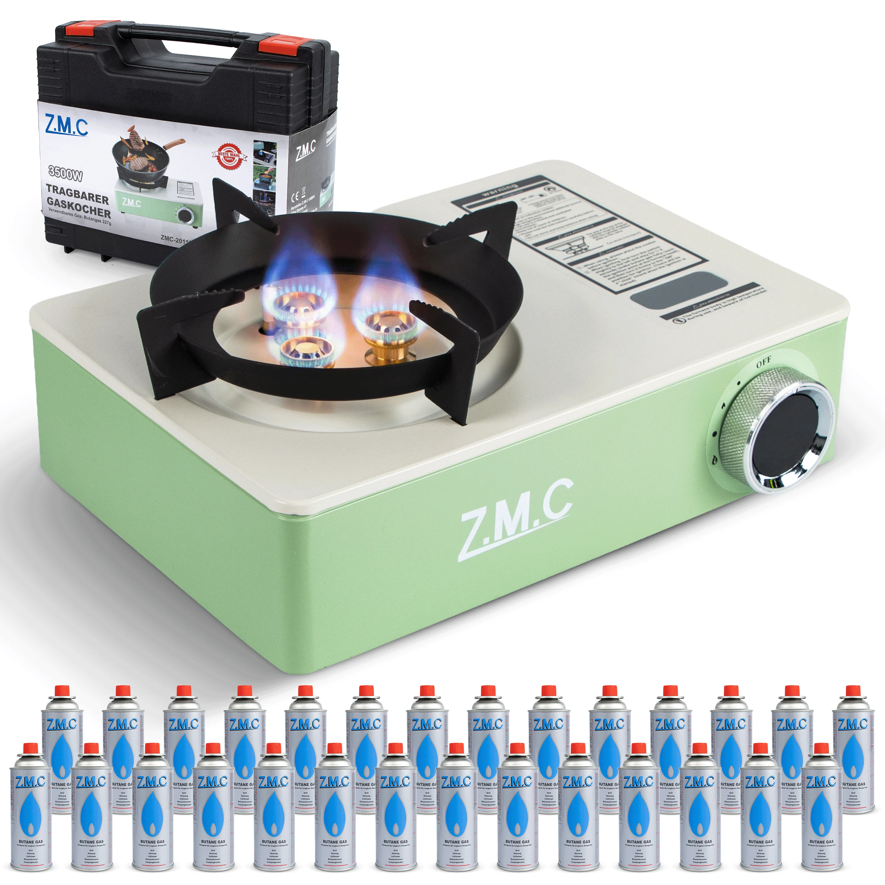 ZMC gasfornuis 3500W 1-vlam piezo-ontsteking 3-pits systeem & transportkoffer - kampeerfornuis voor 227g butaangaspatronen, selecteerbaar | Buiten kamperen, tuin, balkon, noodvoorbereiding