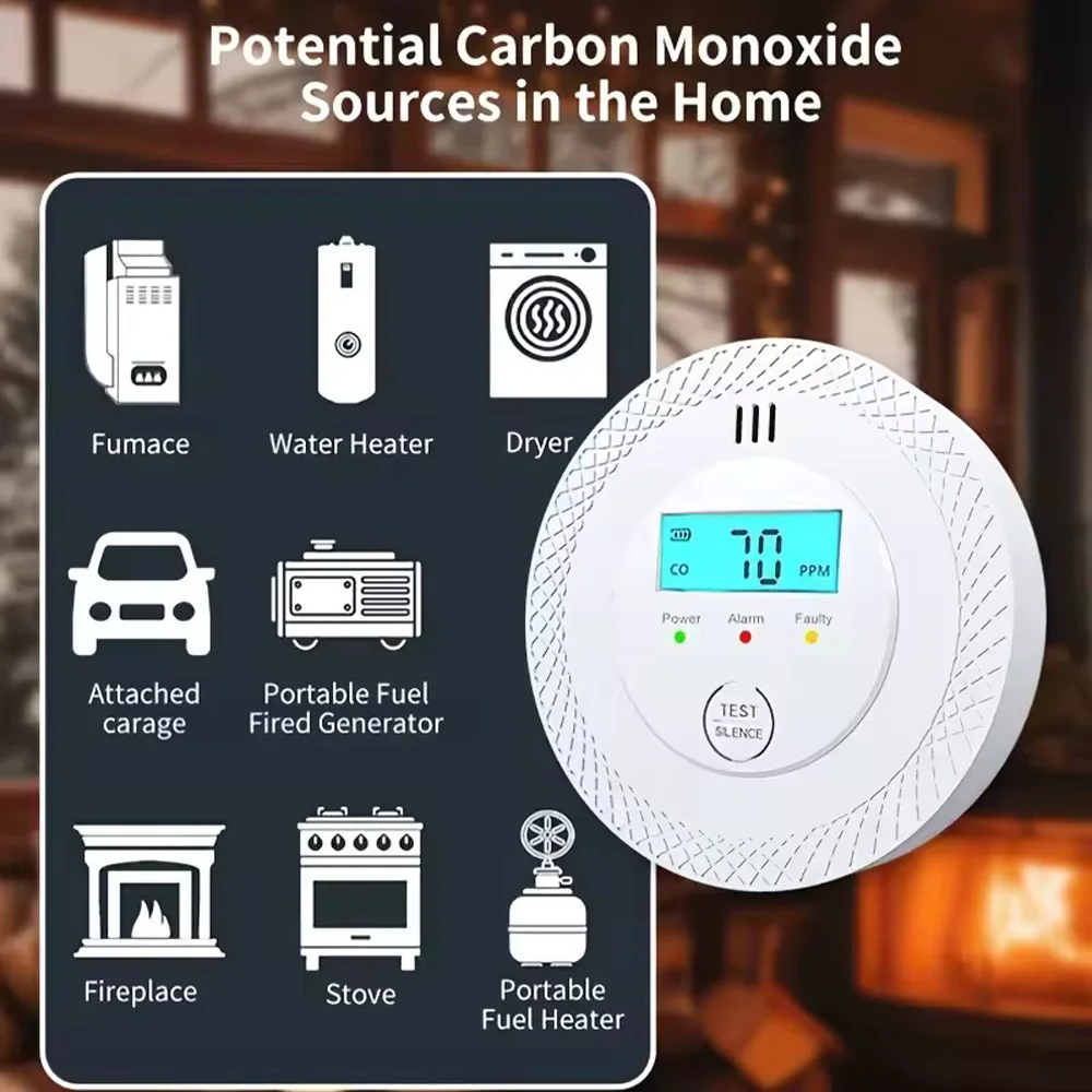 Detector de Monóxido de Carbono, Monitor de Gas CO, Alarma Detectora de Humo, Alta Sensibilidad, Pantalla LCD, Funciona con Batería, para el Hogar