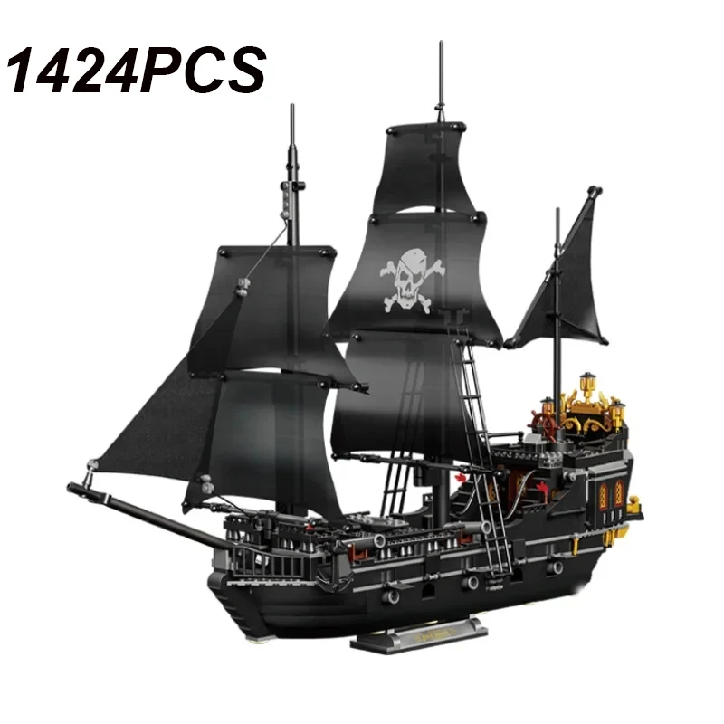 1424PCS Black Pirate Ship Building Blocks Skeleton Ghost Boat Model Assembly Bricks Toys Desktop Decoration Kids Christmas Gifts