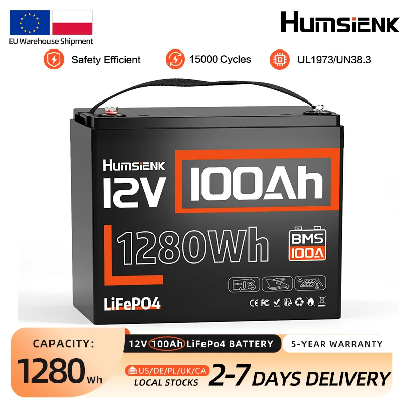 Humsienk LiFePO4 Batterij 12V 100Ah Ingebouwde 100A BMS 15000 cycli voor golfkar, boot, camper, camping met GP24/UL 1973/A+ batterijcel