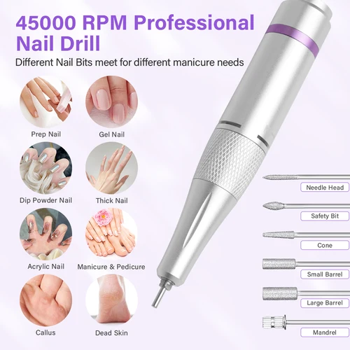 Imagen 2 del producto Taladro de uñas profesional recargable de 45000RPM, lima eléctrica para uñas, pantalla HD, pluma de manicura de Metal, lijadora de torno de uñas