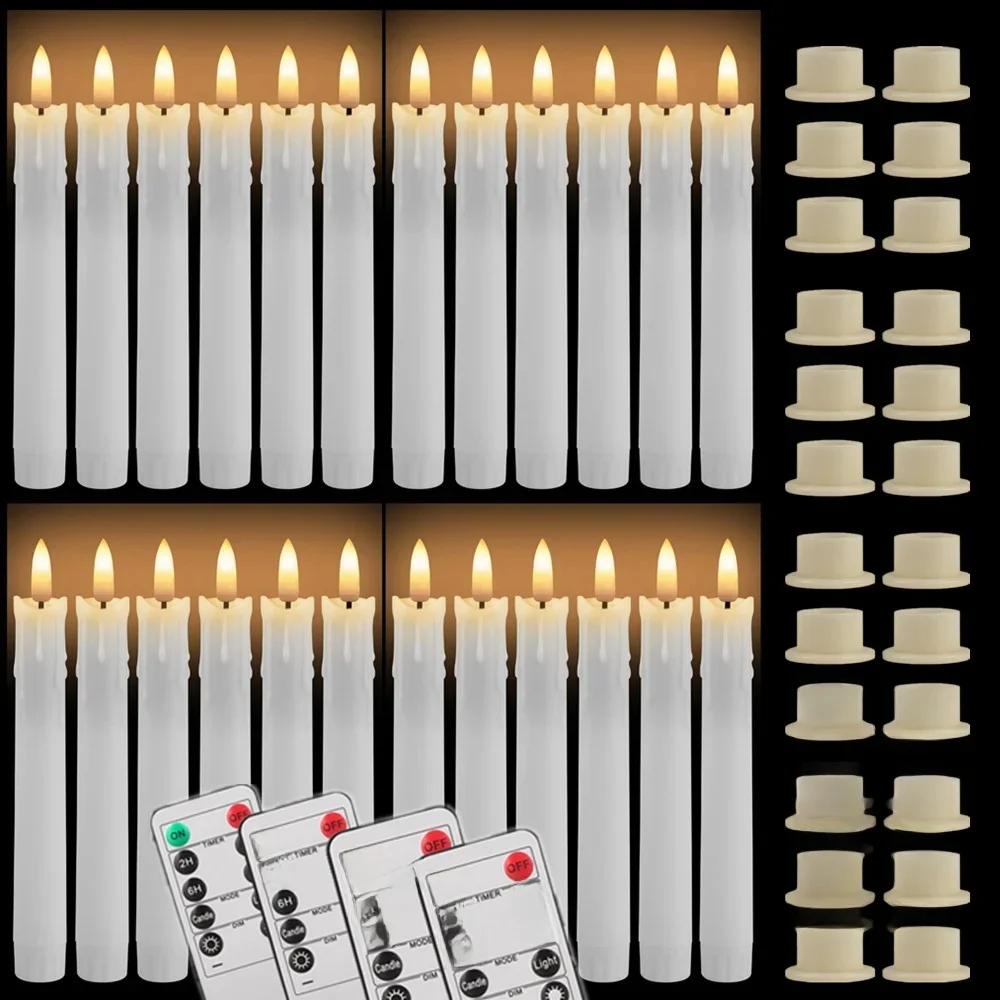 Packung mit 12/24 Stück flammenlosen, flackernden elfenbeinfarbenen Stabkerzen mit Fernbedienung, batteriebetrieben, LED 3D-Docht, für Partys, Hochzeiten, Dekoration