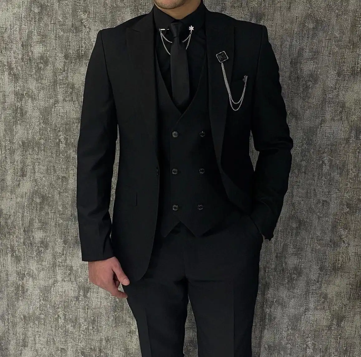 

Black Luxury Men's Suits Elegant Slim Fit Male Blazer Peak Lapel Latest Three-Piece (Jacket+Pants+Vest) Terno Masculino Completo