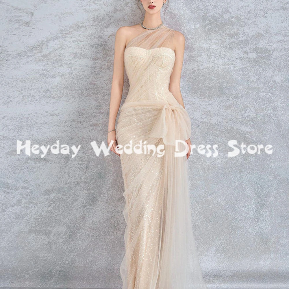 Heyday Abiti da sera senza spalline a sirena scintillante da donna senza maniche con pieghe in tulle Abiti eleganti formali lunghi fino al pavimento 2025