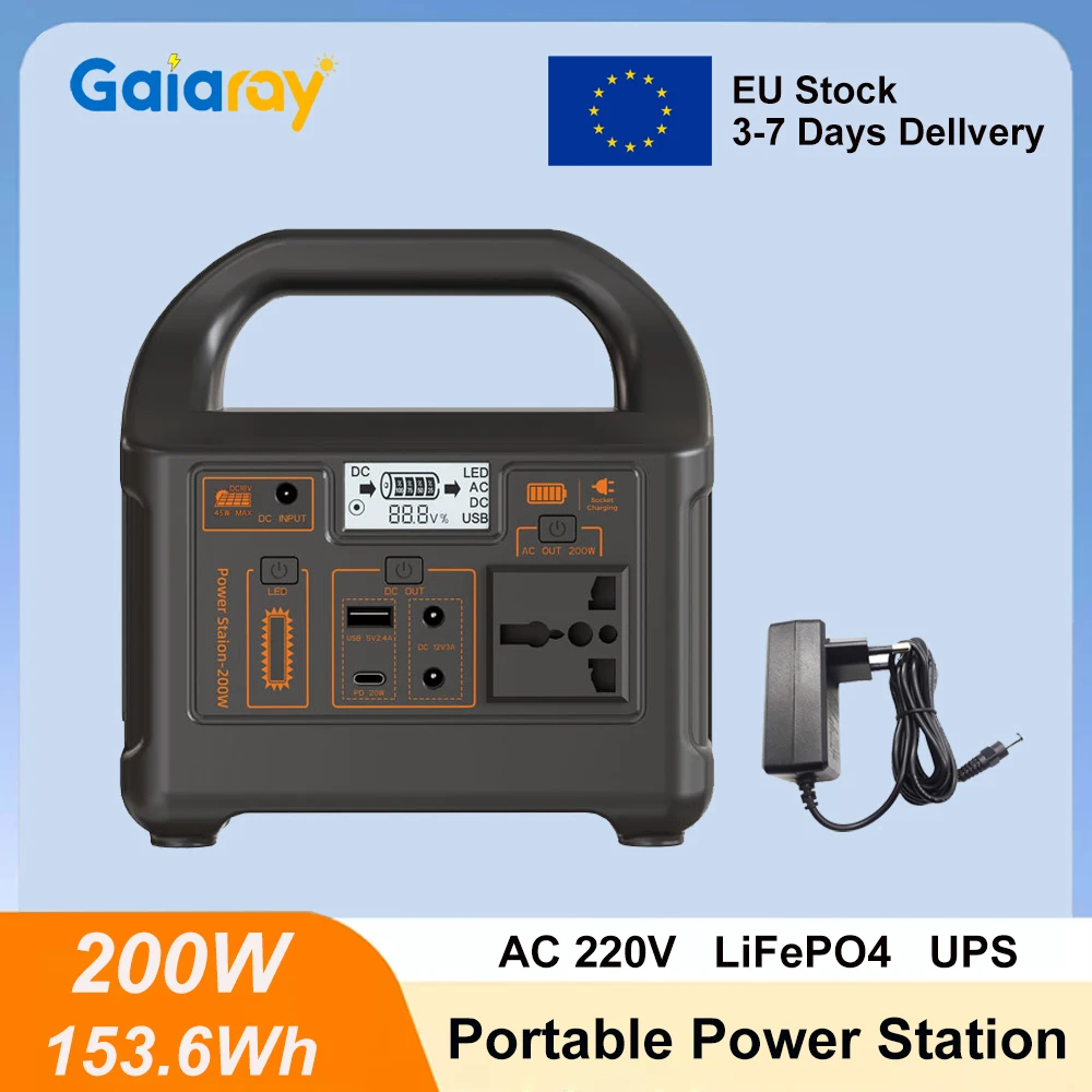 Gaiaray Tragbares Kraftwerk, 200 W, 153,6 Wh, LiFePO4-Batterie-Ladestation, Solargenerator, Notstrombank für Camping, Wohnmobil