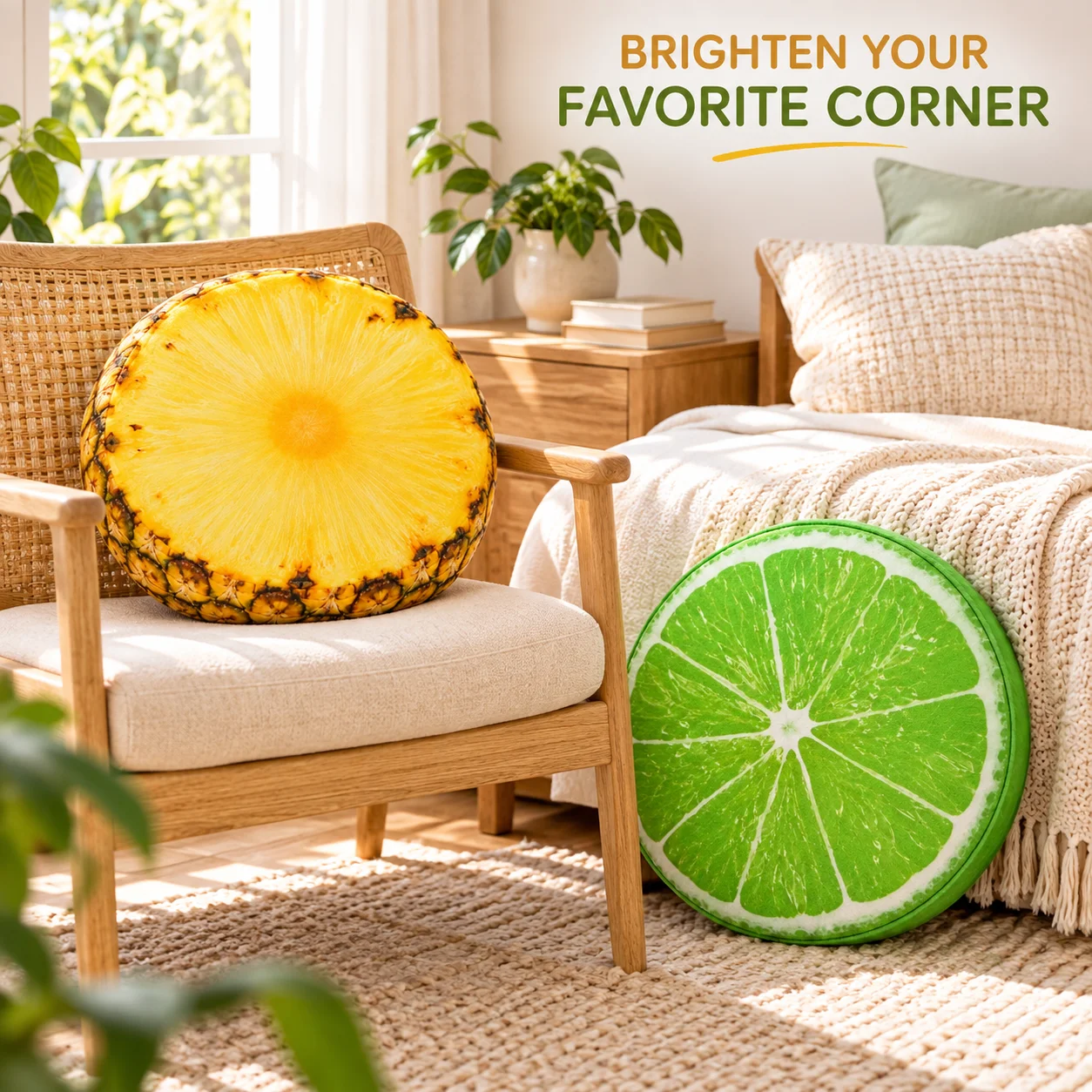Fruit Slice Cushion 40cm Round Throw Pillow Watermelon Orange Kiwi Pineapple Wood Grain Decorative Pillow for Sofa Chair Bedroom