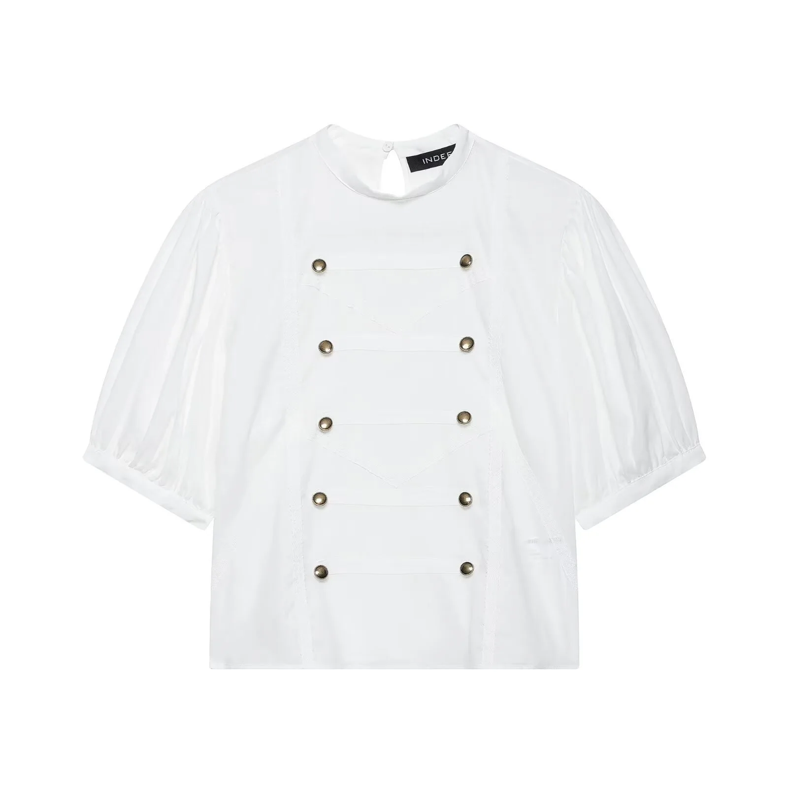 Vintage Military White Blouse Women Elegant Metal Button Double Breasted Shirt Summer Puff Half Sleeve Tops Office Lady Coats