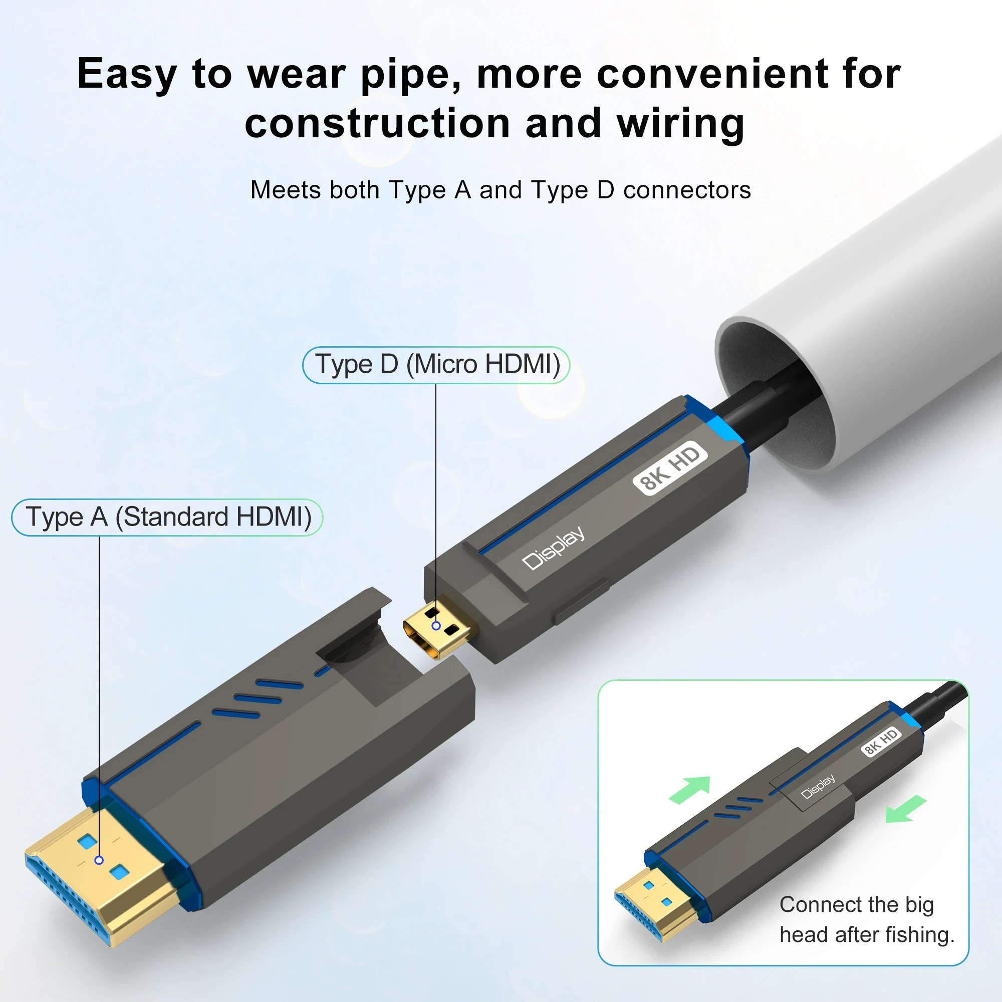 Single Head Pullable Tubeable Fiber Optical Cable Micro HDMI-Compatible 2.1 A to D type 8K@60Hz 4K@120Hz 48Gbps For PS5 HDTV Box