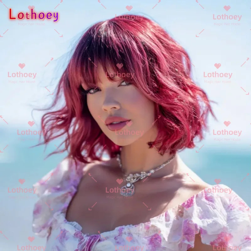 Парик из натуральных волос розового цвета с челкой, короткая прическа, женский парик, легко носить, подходит для различных вечеринок и косплея