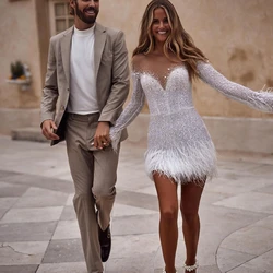 Fairytale V-Neck Prom Dresses Long Sleeves White Stain Tassel Grace Wedding Party Knee-Length Women Beaded Customized 2025