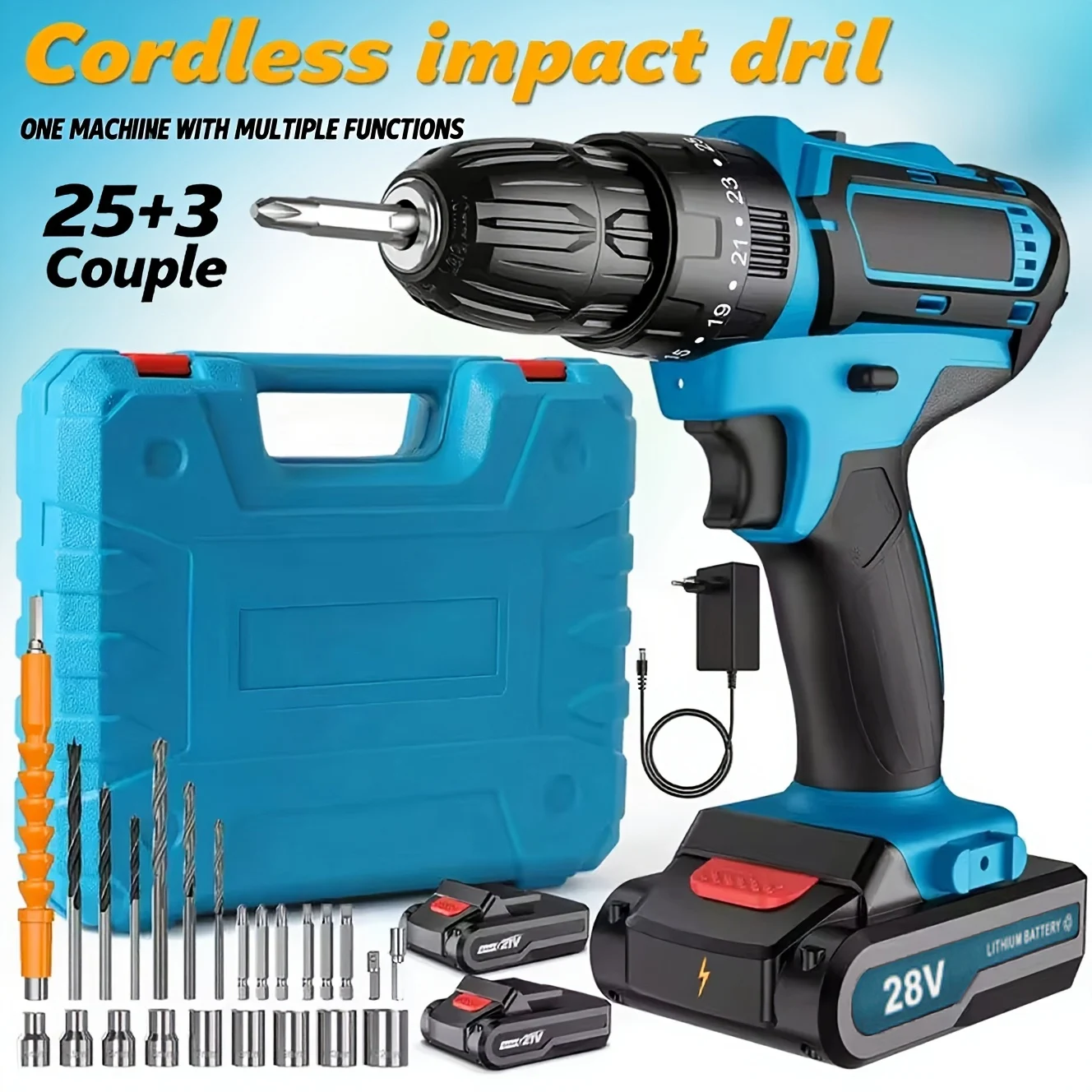 28V Cordless Impact Drill Multifunctional Screwdriver Rechargeable Electric Drill Lithium Battery 1350rpm Speed Power Tool
