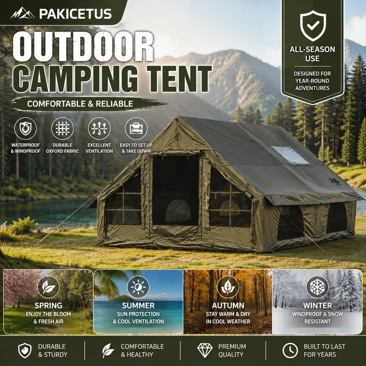 Tente de camping gonflable PAKICETUS, tente familiale 4 saisons avec cheminée, tente extérieure autoportante isolée et résistante au vent avec fenêtres, abri portable facile à installer pour le camping et les voyages