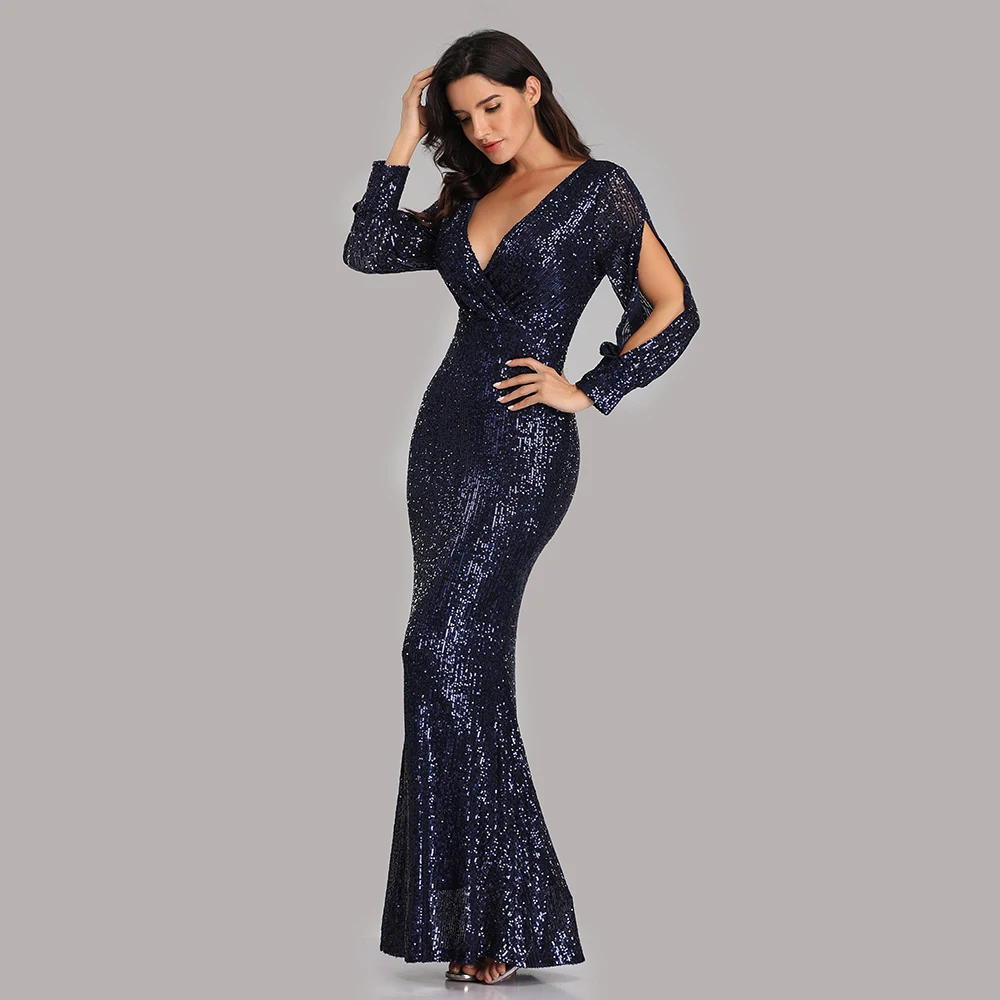 Vestido largo de noche de sirena con cuello en V para mujer, traje Sexy Formal con lentejuelas completas, manga larga, 2021