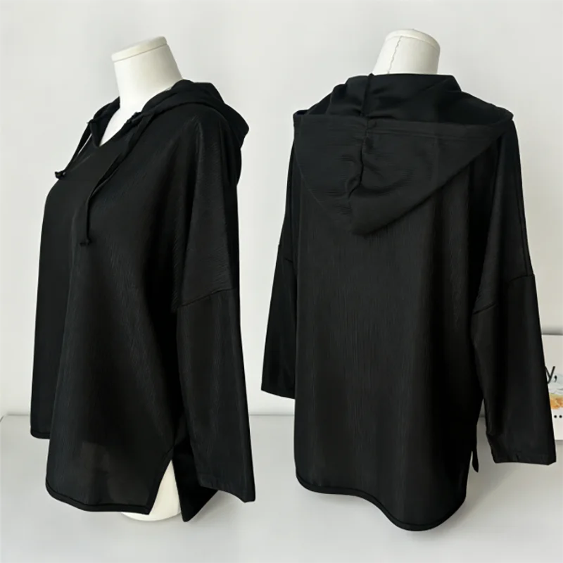 

Женский пуловер с капюшоном большого размера, 40-150 кг, однотонный черный свободный крой с длинными рукавами, осенняя повседневная удобная уличная толстовка