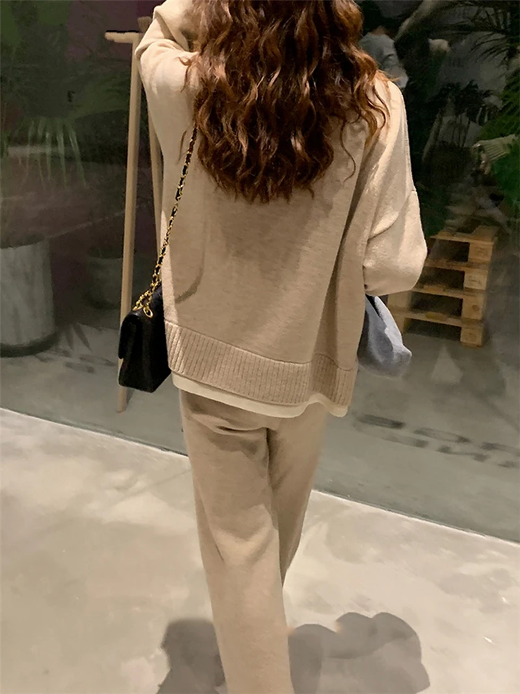 REALEFT Autumn Winter 2 Pieces Women\'s Sets Knitted Tracksuit Patchwork O-Neck Sweater and Loose Wide Leg Pants Pullover Suits