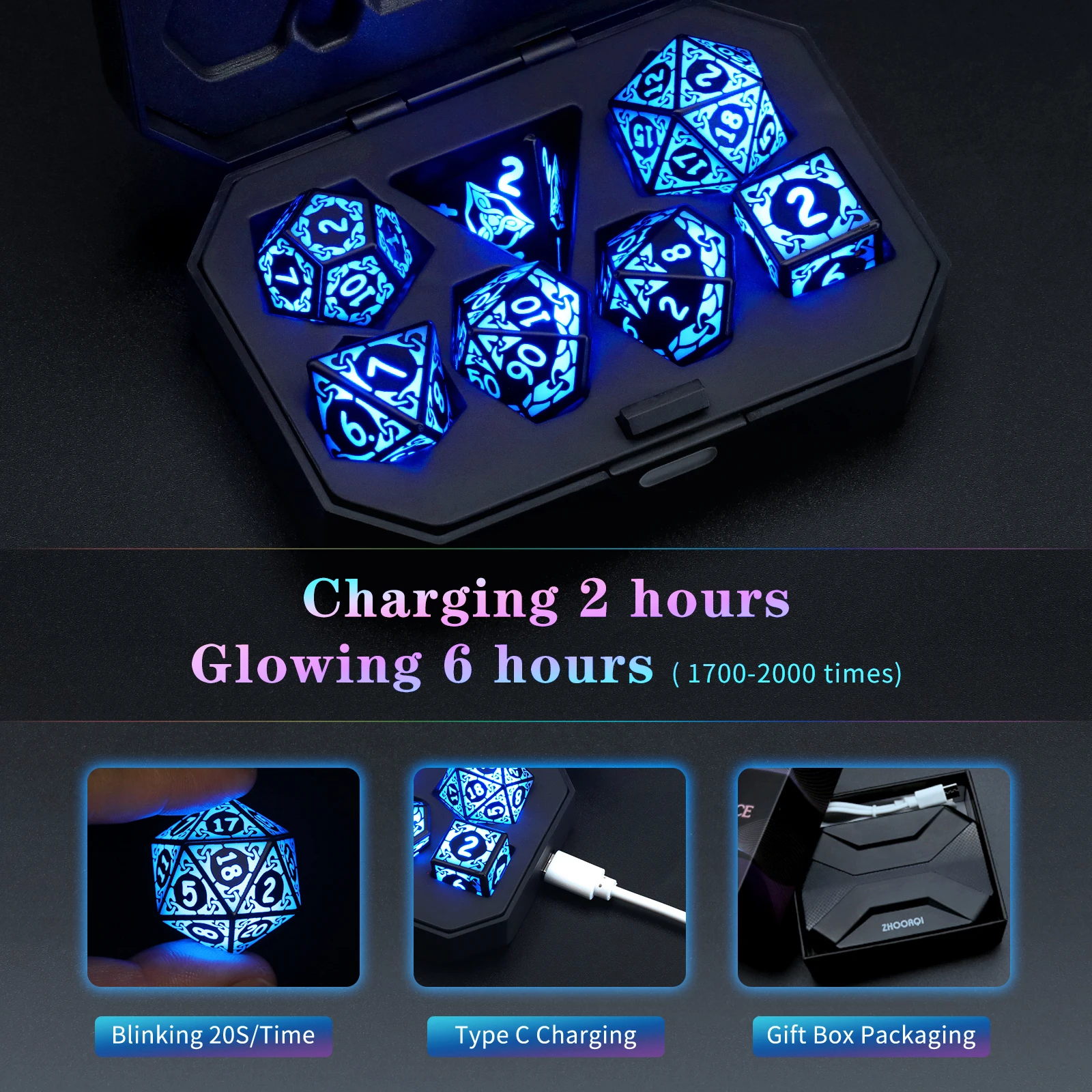 7 PCS LED Dice Rechargeable with Charging Box Electronic Dice for rpg Tabletop Games D&D Dice Blue Light