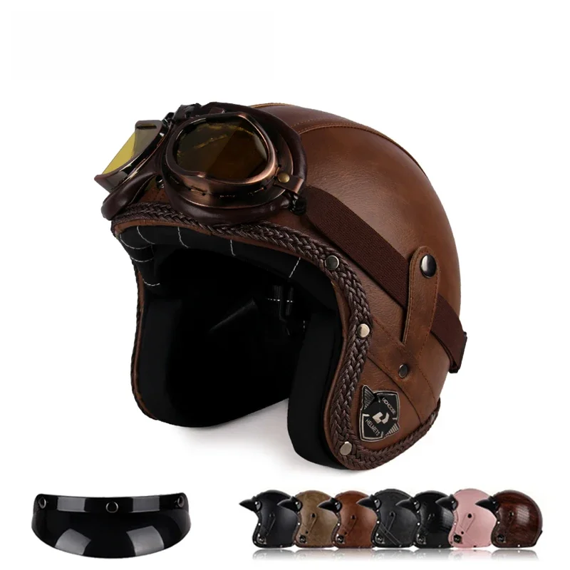Uchose Retro Motorhelm Pu Lederen Open Gezicht 3/4 Chopper Fietshelmen Classic Casco Moto Vintage - afbeelding 2