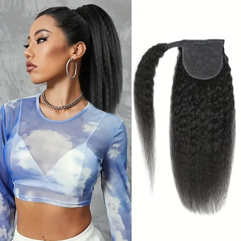 Kinky Straight Ponytail Human Hair Yaki Straight Ponytail Extension For Women Wrap Around Ponytail Hair Natural Black Color