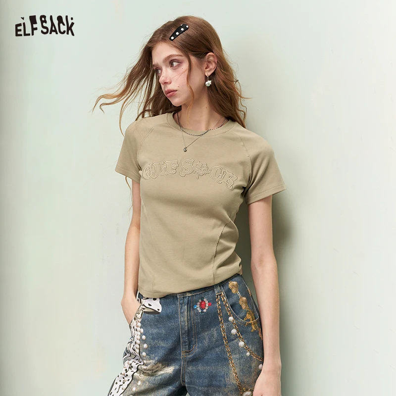 ELFSACK Solid Casual Crewneck T-Shirt, Basic Short Sleeve Tee, Soft Everyday Fitted Tops for Women Daily Outfit