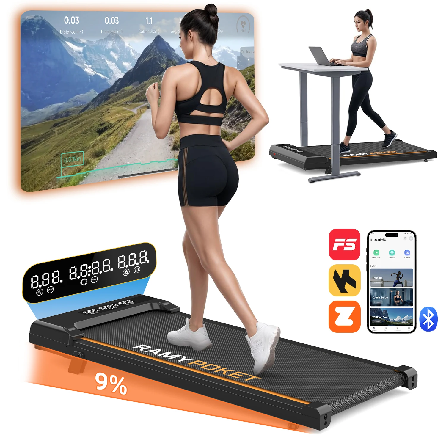RAMYPOKET Walking pad sous le bureau avec inclinaison 9% moteur silencieux compatible APP triple écran vitesse 1–8 km/h tapis de marche pour Maison & Bureau
