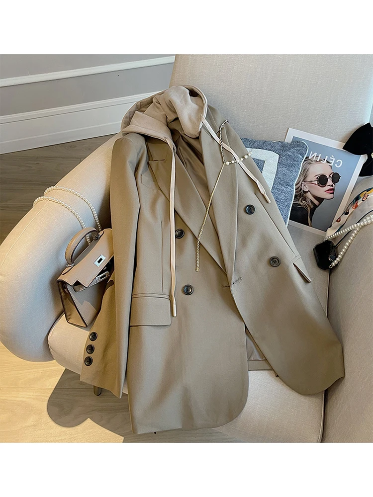 Women Khaki Double Breasted Patchwork Hooded Blazer New Fake Two Long Sleeve Loose Lace up Jacket Autumn Winter 2022 Female