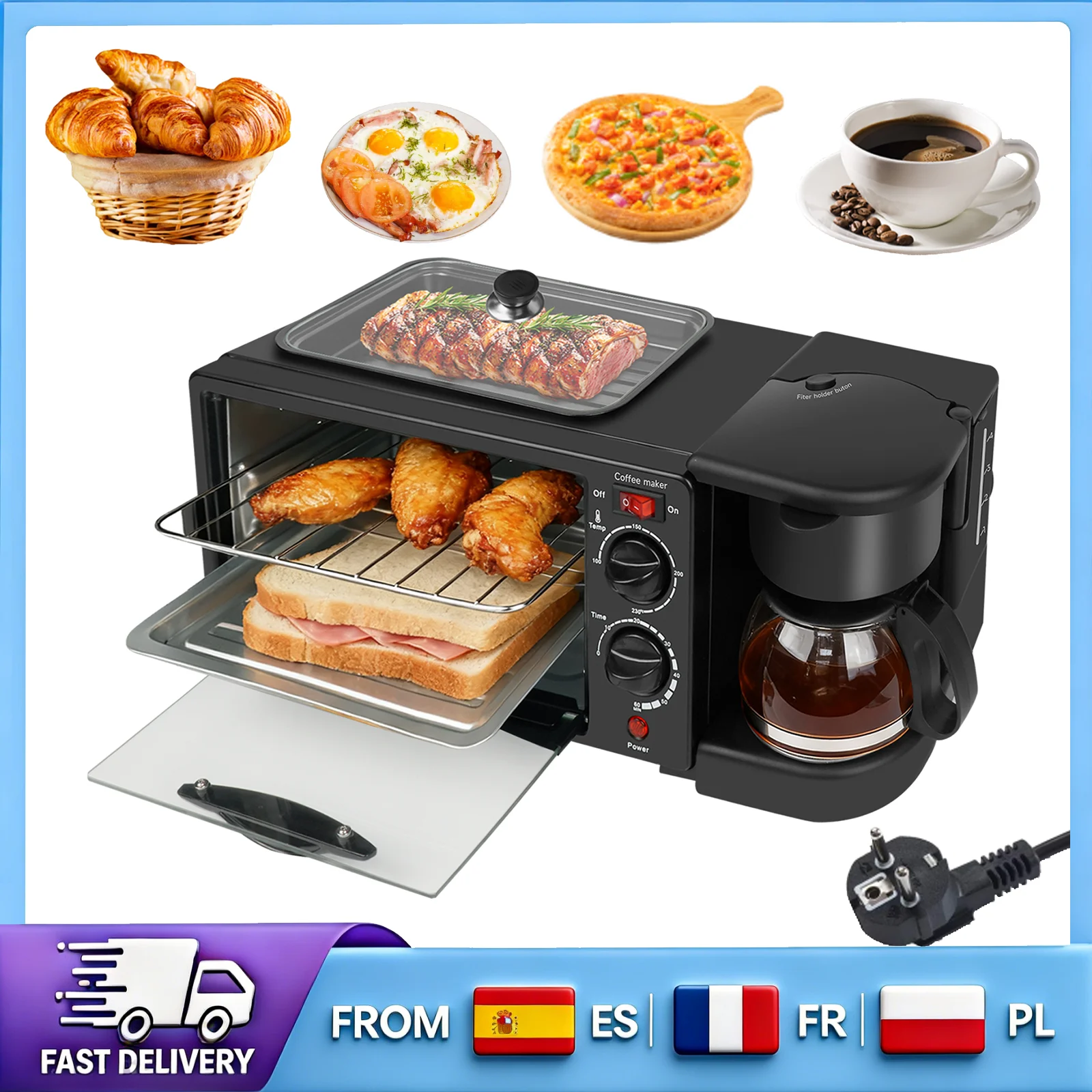 Estación de Desayuno Multifuncional, Mini Horno Eléctrico, Cafetera, Sartén, Control Independiente, Máquina de Desayuno para Cocina
