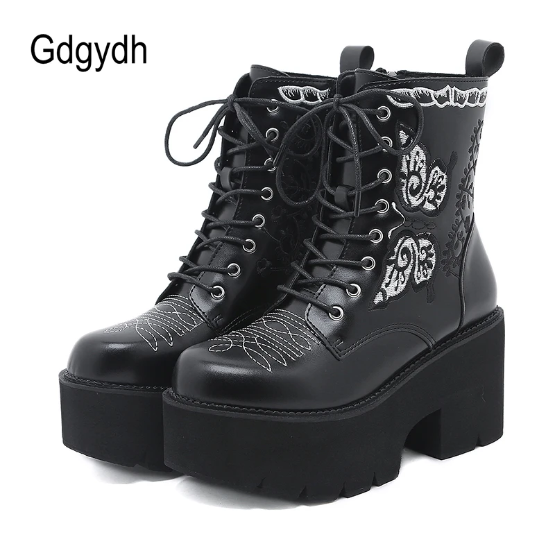 Gdgydh Women\'s Platform Boots Lace Up and Zipper Chunky Heels Black Dark Combat Ankle Booties Fashion Embroider Studded Boots