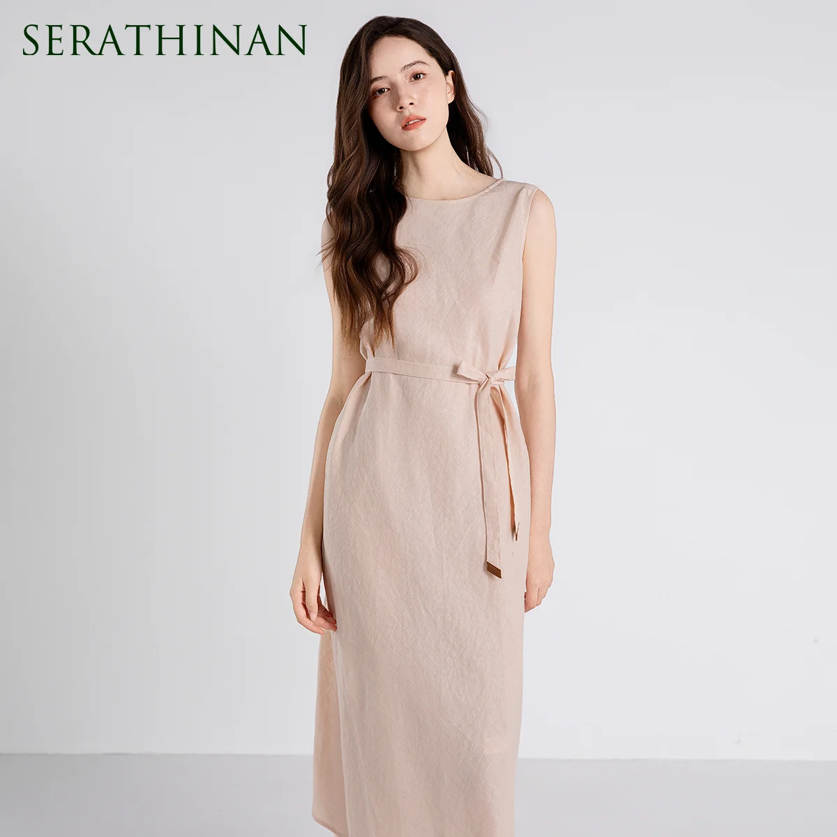 TX661103 Luxury Pure Linen LP Dress Women's Sheepskin Cord End Cotton Lined Cinch Waist Elegant Midi Shirt Dresses