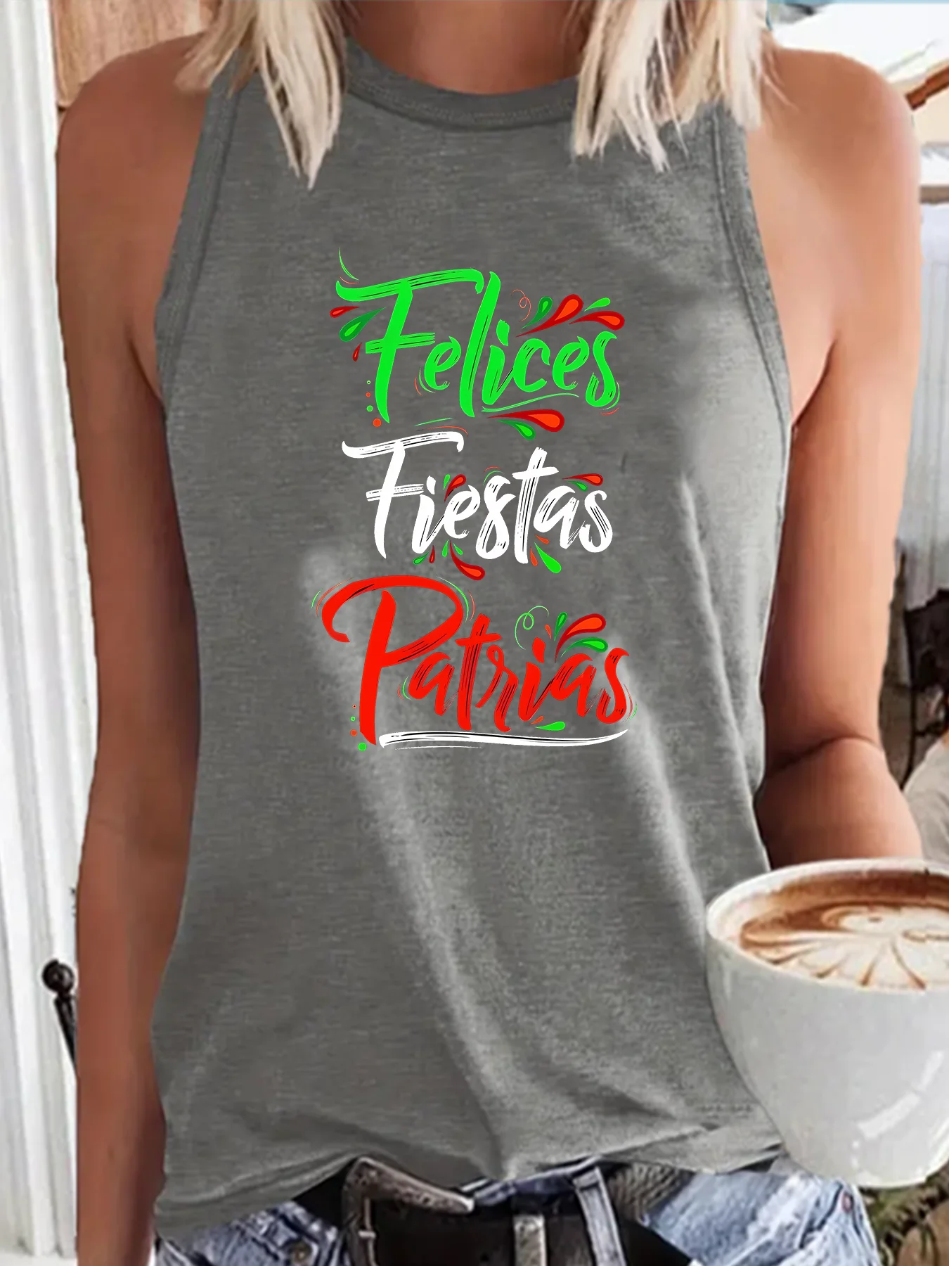 Модная забавная спортивная женская майка Felices Fiestas Patrias, Свободный Повседневный Топ без рукавов с круглым вырезом
