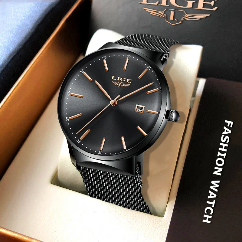 

LIGE Fashion Watches Business Calendar Men Watch Stainless Steel Mesh Belt Quartz Watches Clock 30M Waterproof relogio masculino