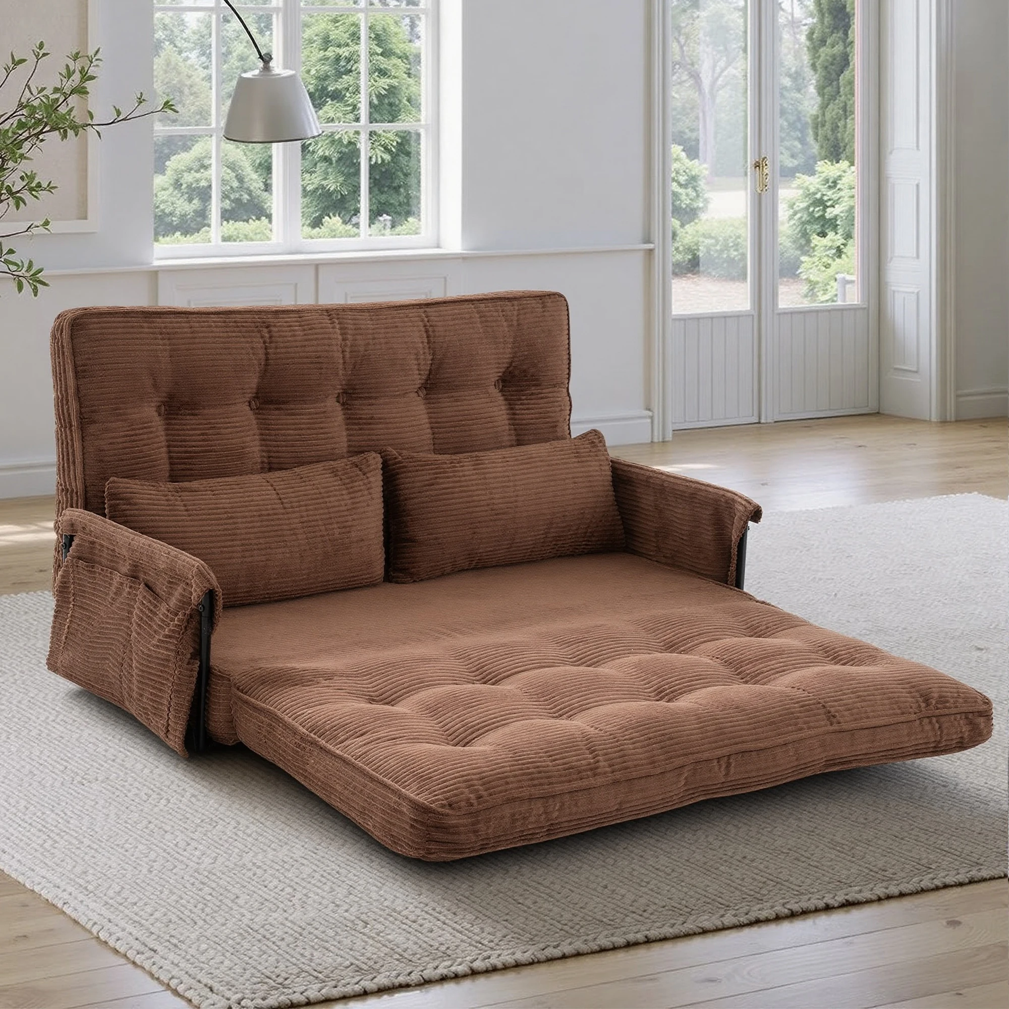 Brown Brown Home Foldable Floor Lounge Sofa Bed, Double 5‑Position Adjustable Corduroy Couch with Armrest Side Pocket - Aliexpress Deal