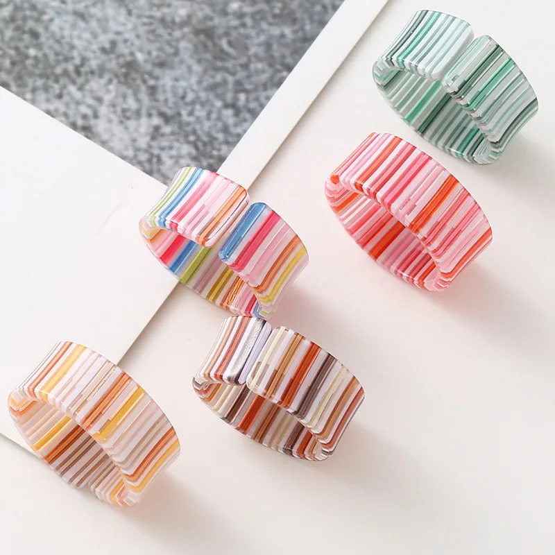 New Rainbow Acrylic Open Ring Simple and Fashionable Colorful Striped Women's Versatile Countryside Style Ring
