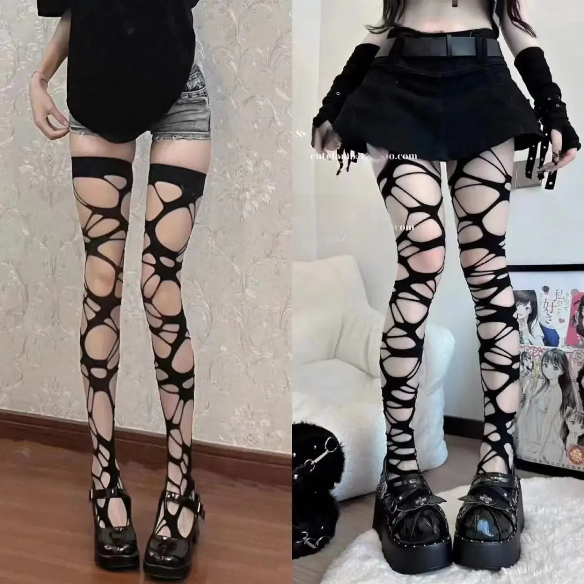 Bas déchirés noirs irréguliers à tube long, chaussettes en maille, leggings gothiques, tendance punk, sous-culture Le Meat Babes