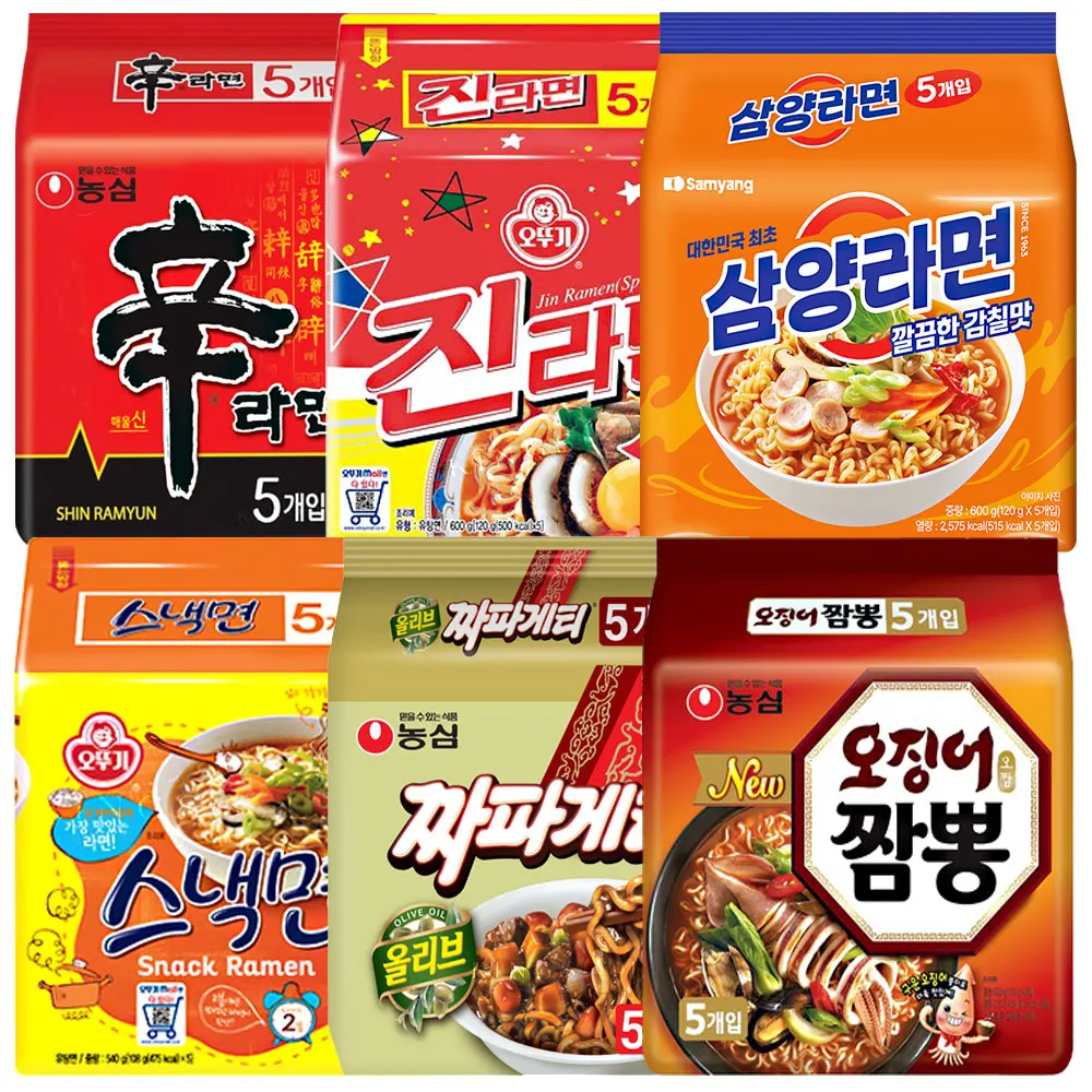 Popular bag face set (5 Shin-noodle + 5 Jin-noodle spicy taste + 5 Samyang-noodle + 5 snack noodle + 5 snack noodle 5 tea + 5 squid Champon)