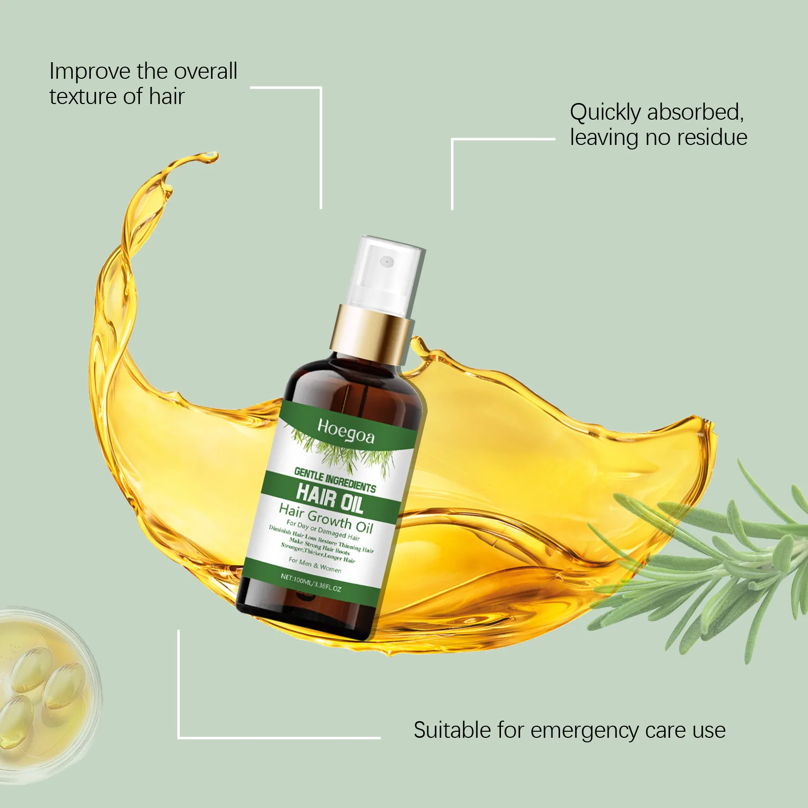 Hoegoa 100ml óleo de cabelo denso de alecrim anti perda de cabelo reparação secura extremidades divididas fortalecer as raízes do cabelo nutritivo óleo de soro do couro cabeludo