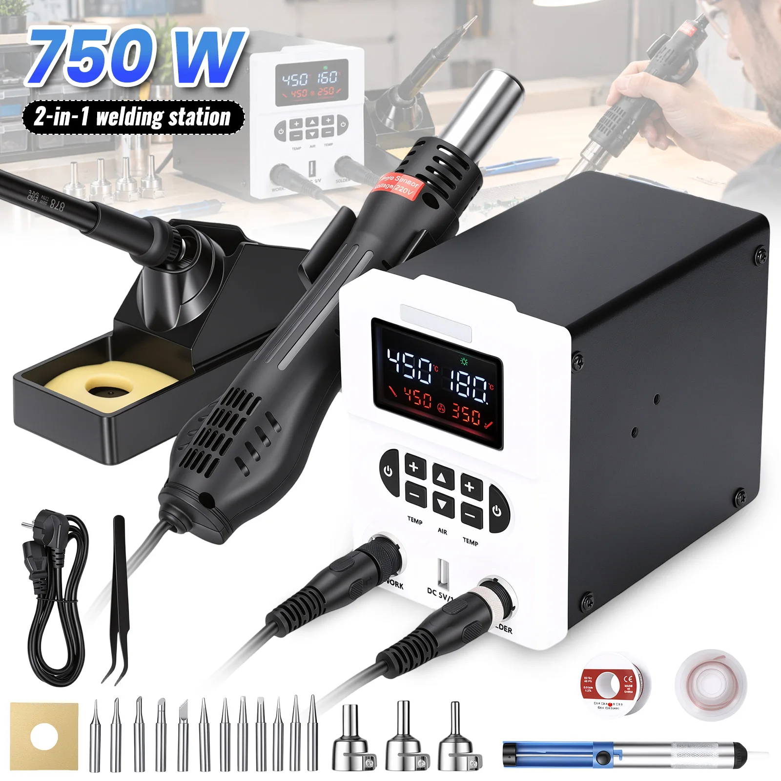 Stazione di saldatura 2-in-1 878D con rilavorazione ad aria calda e saldatore elettrico, doppio display digitale a LED, controllo della temperatura PID +/-2°C, ventola brushless 120L/min, bassa