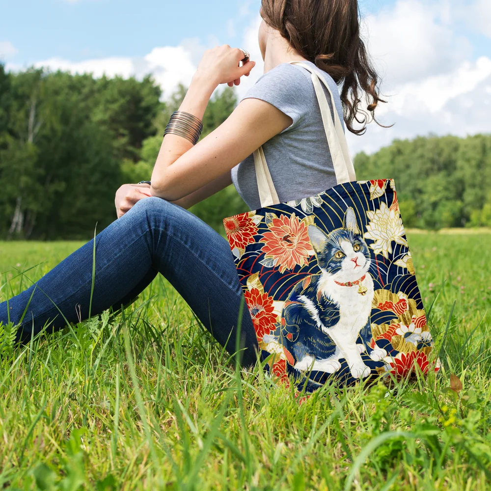 Bolso de mano con estampado floral de gato, bolso de hombro escolar de lona estética, bolso de compras ligero para comestibles
