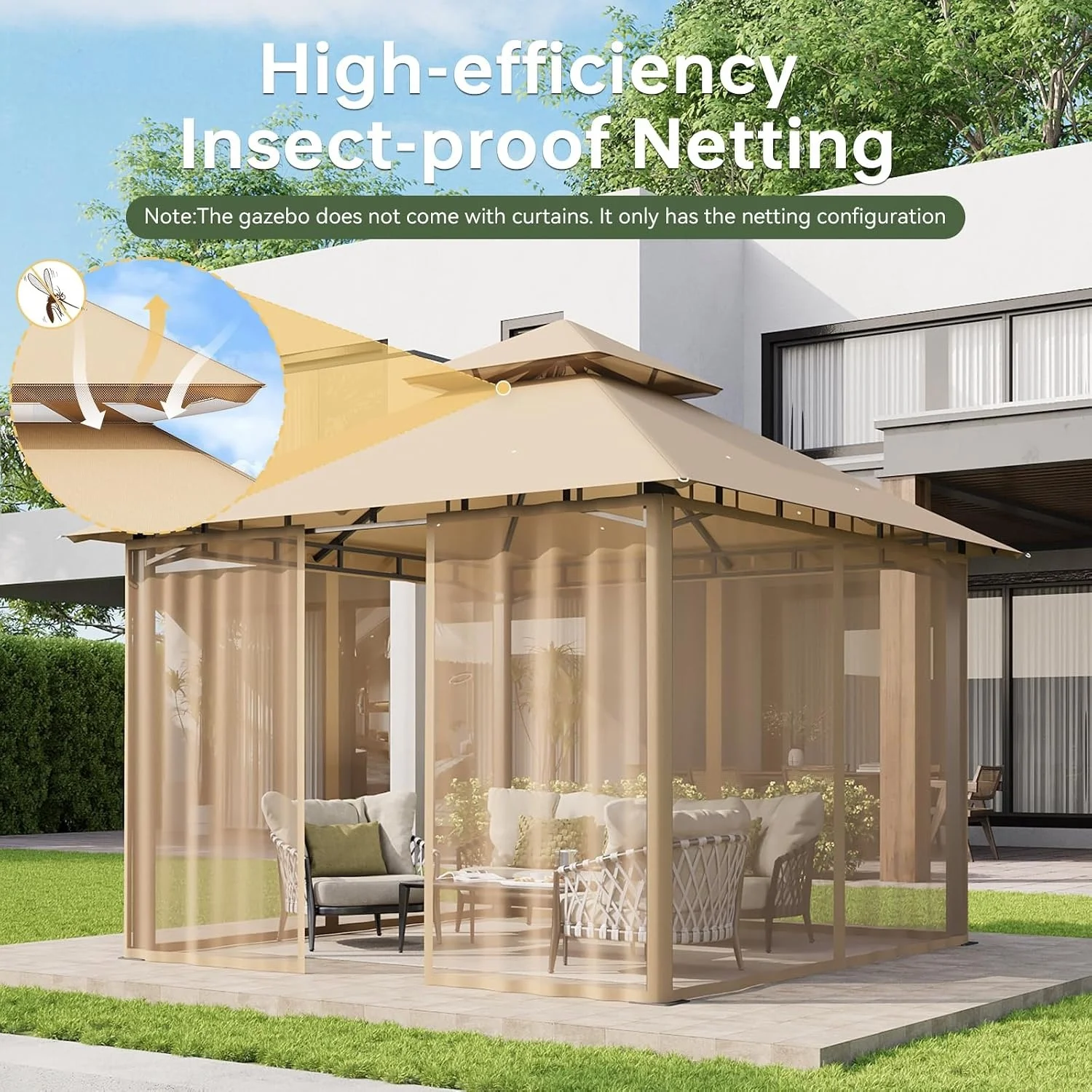 Aoxun 10x10FT Gazebo with Mosquito Netting Double Roof Outdoor Party Tent with Zipper Screens for Backyard Garden