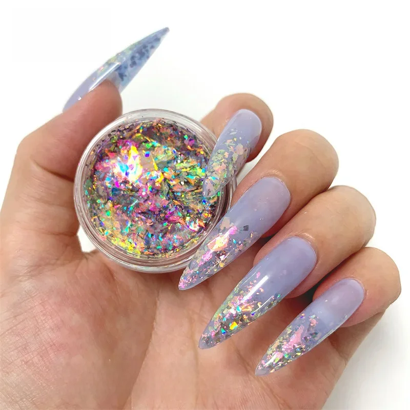 HNDO – poudre d'opale pour Nail Art, flocons holographiques irréguliers, pour décoration professionnelle de manucure, bricolage, grosses paillettes, série LSW