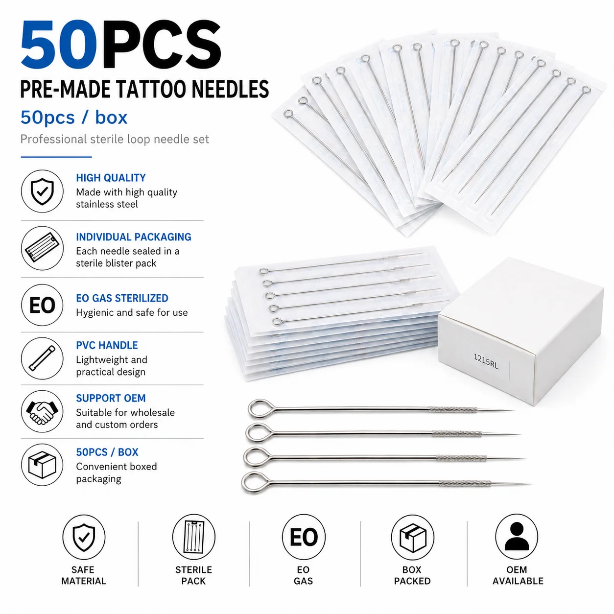 50PCS/Box Disposable Assorted Sterilized Tattoo Needles Fog Needles RL RS M1 RM for Microblading Machine Gun Grip Tips