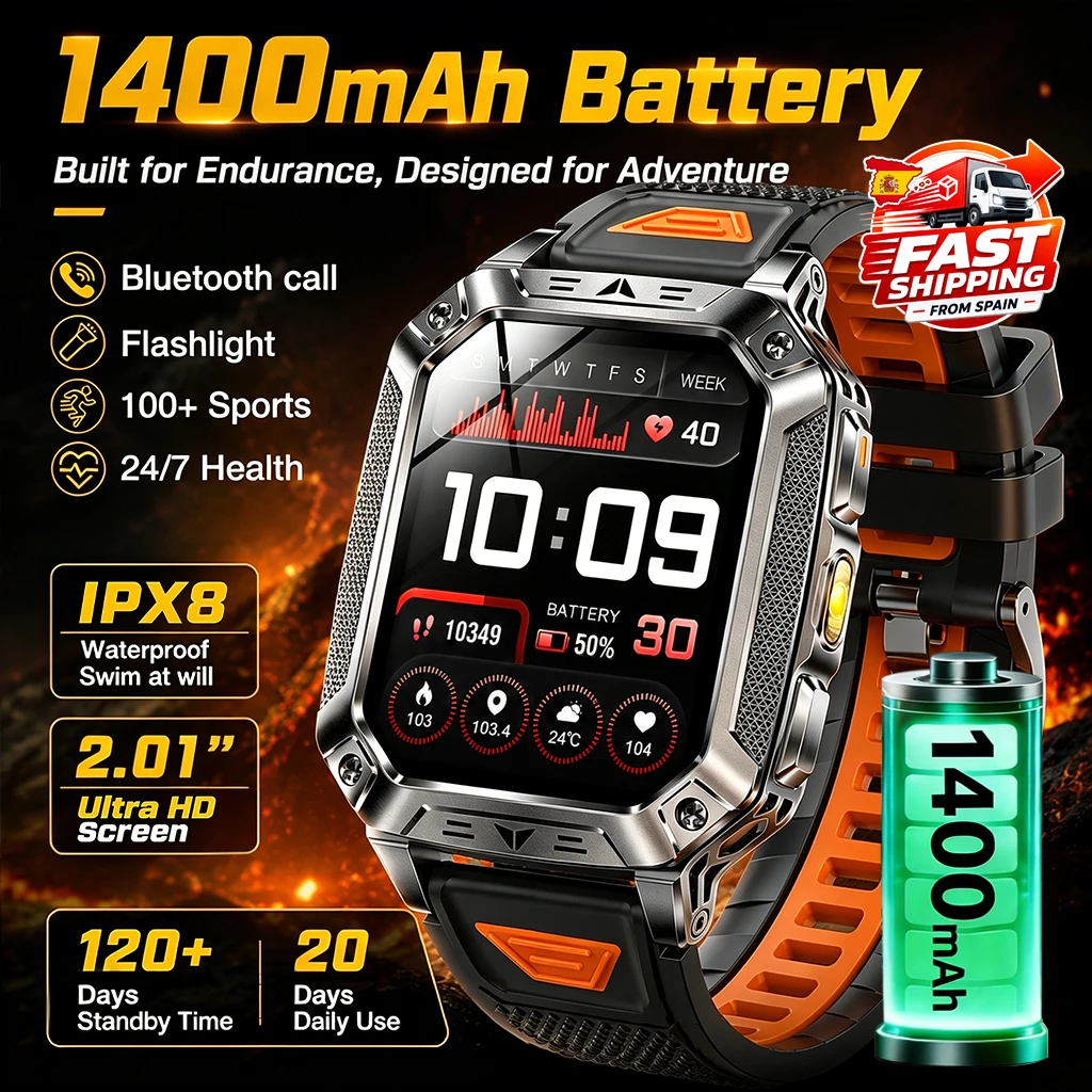 Nouvelle montre intelligente militaire pour hommes 2026, batterie 1400mAh, lampe de poche LED SOS, étanche IP68, moniteur de fréquence cardiaque,tracker de forme physique,appels Bluetooth,montre intelligente de sport